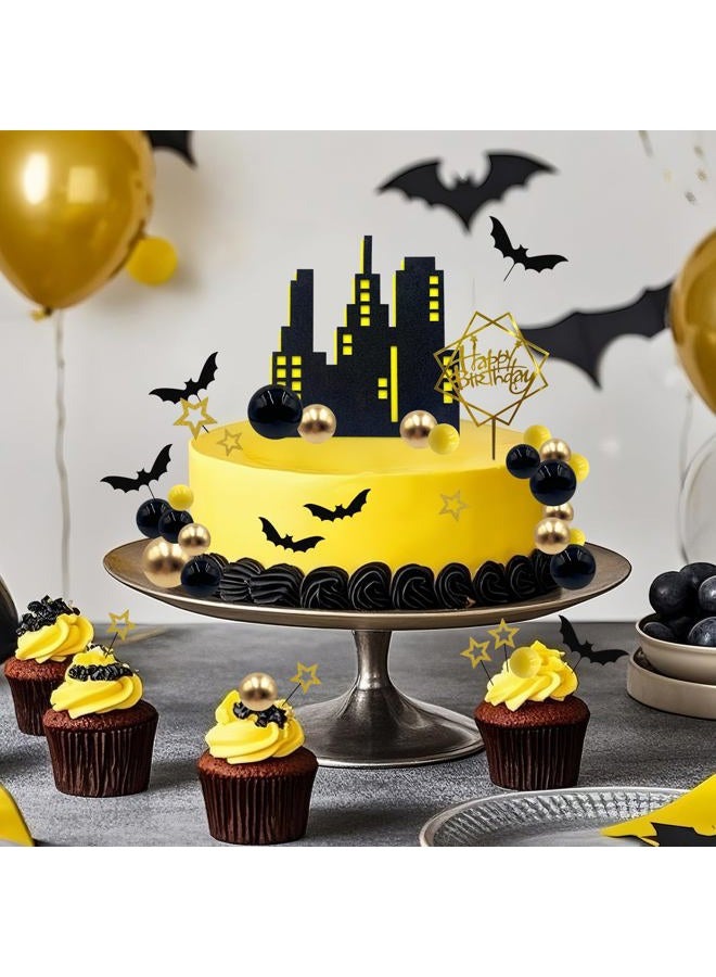 Firleayo 32pcs Bat Cake Topper Bat Themed Cake Decorations Glitter Bats Cupcake Topper Gold Yellow Black Ball Cupcake picks Hero Theme for Boys Men Birthday Party Baby Shower Supplies - Image 2