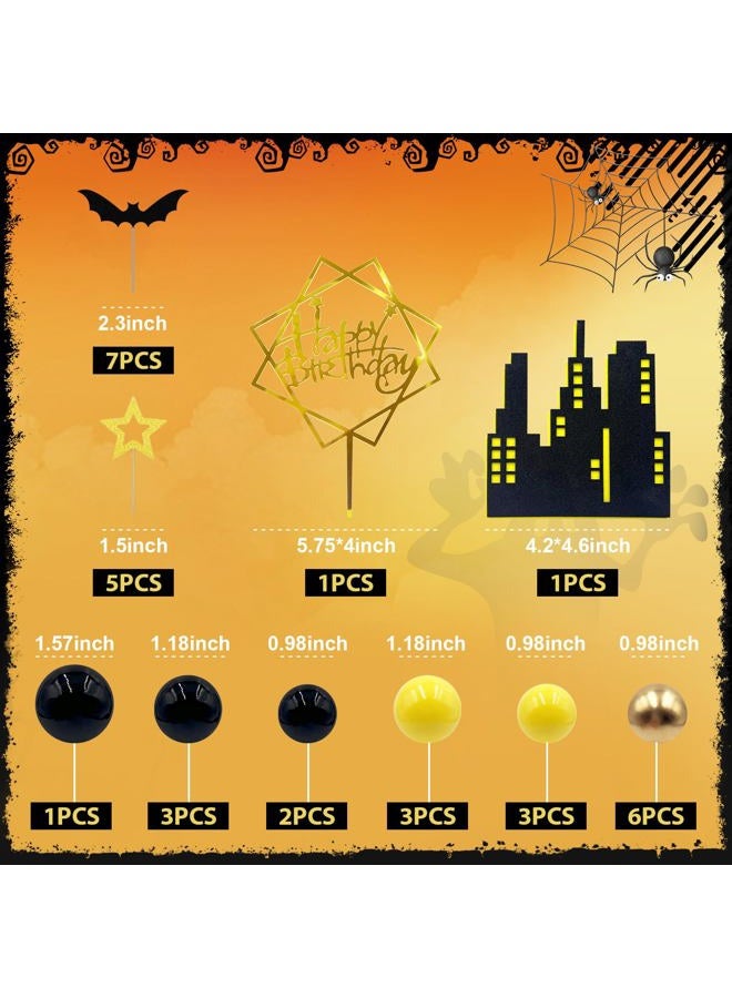 Firleayo 32pcs Bat Cake Topper Bat Themed Cake Decorations Glitter Bats Cupcake Topper Gold Yellow Black Ball Cupcake picks Hero Theme for Boys Men Birthday Party Baby Shower Supplies - Image 3