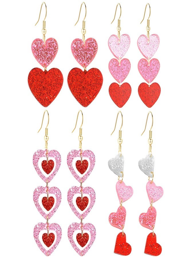 WCRAZYE 4 Pairs Valentine's Earrings for Women Sparkle Pink Red Love Heart Dangle Earrings Valentines Outfits Gifts, Medium, Alloy Steel, No Gemstone - Image 1