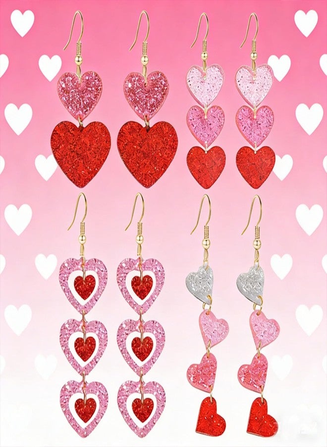 WCRAZYE 4 Pairs Valentine's Earrings for Women Sparkle Pink Red Love Heart Dangle Earrings Valentines Outfits Gifts, Medium, Alloy Steel, No Gemstone - Image 2
