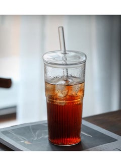 Jingke Glass Large Capacity Lid Straw Coffee Cup Juice Cup Beverage Cup Tea Cup 650ML  - Image 1