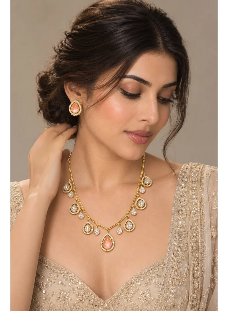 Lehar Peach Polki-Style Necklace Set - Gold Tone Indian Lightweight Jewelry