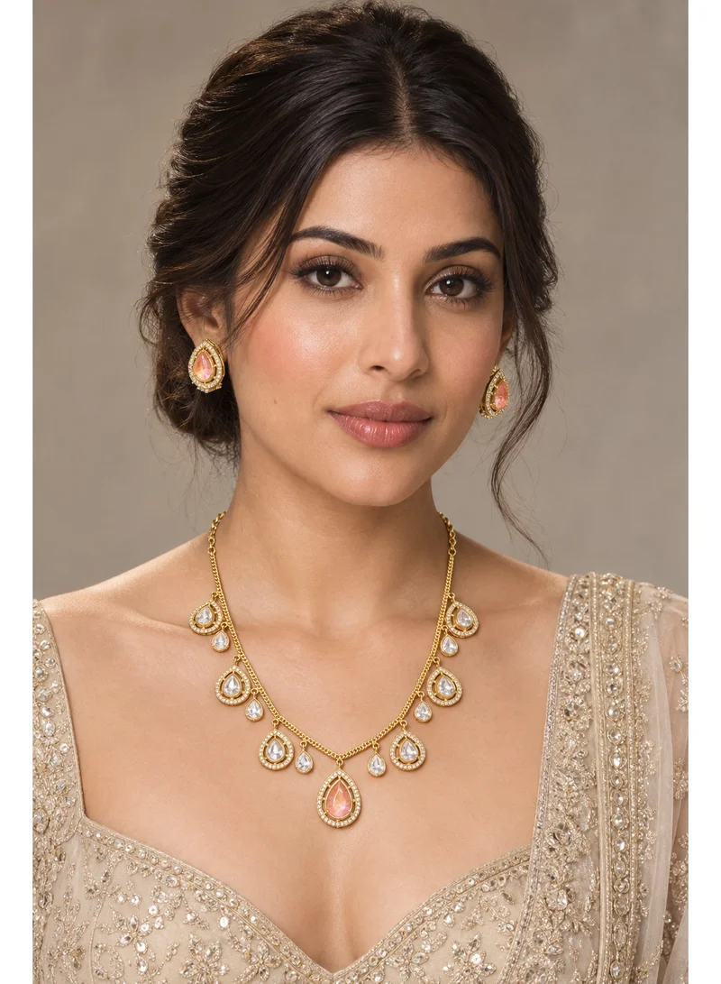 Lehar Peach Polki-Style Necklace Set - Gold Tone Indian Lightweight Jewelry