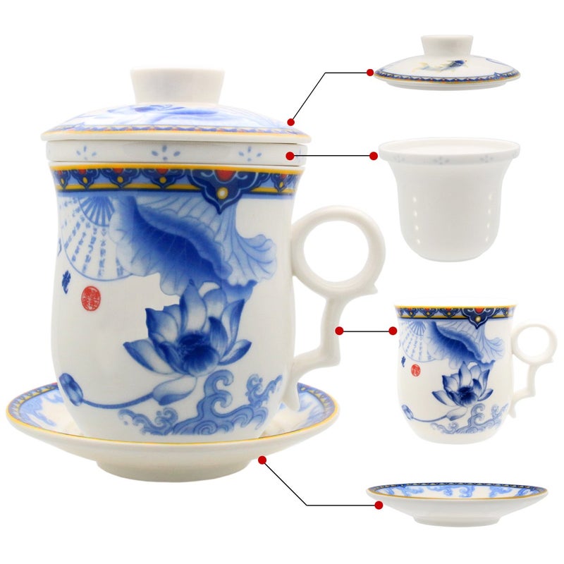 Tea Talent Porcelain Tea Cup with Infuser Lid and Saucer Sets Chinese Jingdezhen Ceramics Coffee Mug Teacup Loose Leaf Tea Brewing System for Home Office