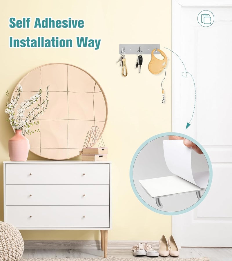 RELBRO Key Holder Wall Mount, Small Metal Self Adhesive Key Rack with 3 Hooks, 2 Installation Options, Silver - Image 3