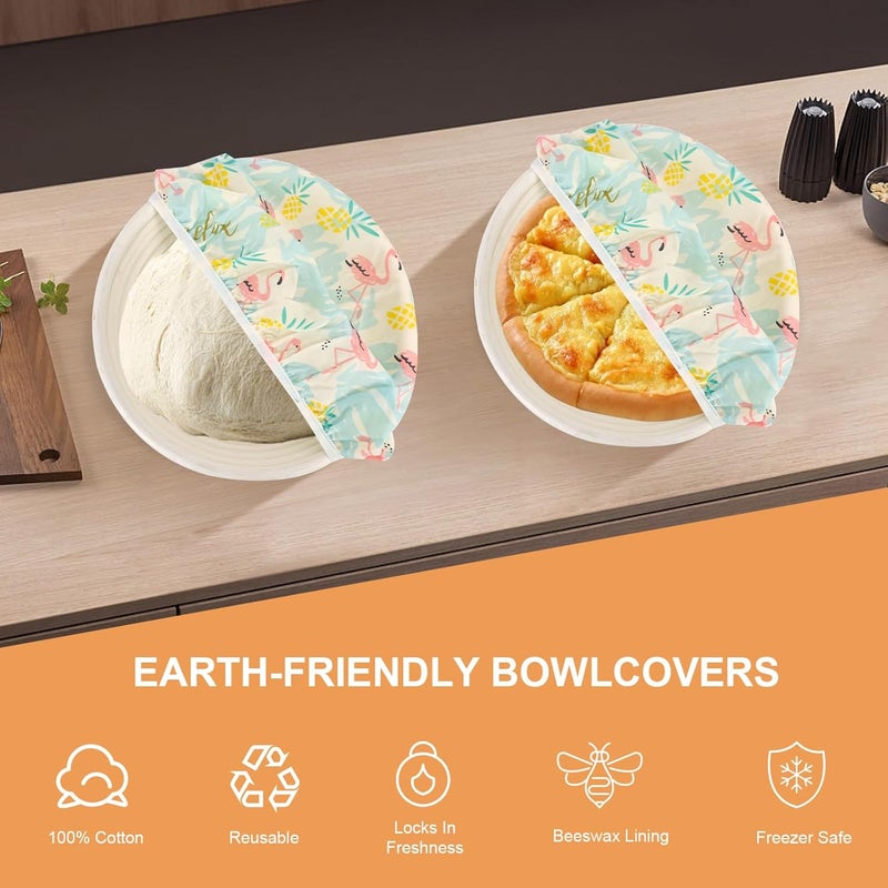BERBAM Reusable Bowl Covers for Bread Proofing（2 Large）- Cotton Beeswax Bowl Covers Reusable with Elastic Rim, Sourdough Bowl Cover for Food Storage and Food Preservation (10INCH) (flamingos) - Image 3