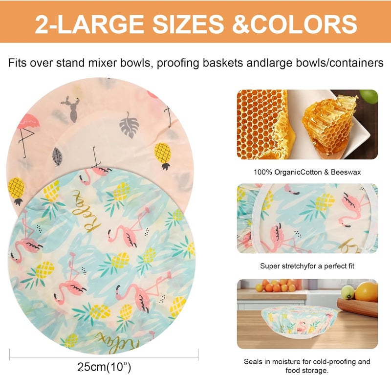 BERBAM Reusable Bowl Covers for Bread Proofing（2 Large）- Cotton Beeswax Bowl Covers Reusable with Elastic Rim, Sourdough Bowl Cover for Food Storage and Food Preservation (10INCH) (flamingos) - Image 2
