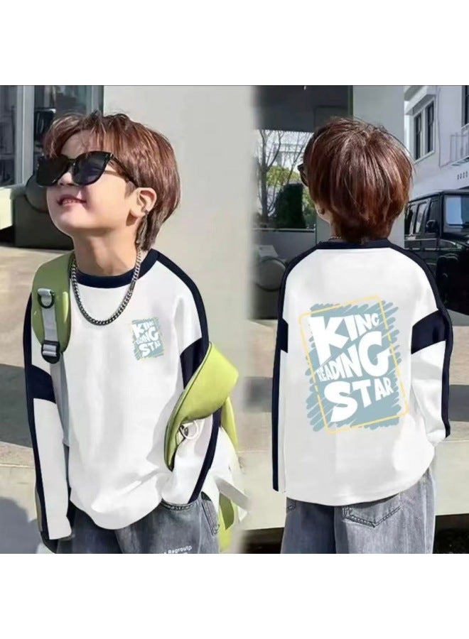 Autumn And Winter Pure Cotton Long-sleeved T-shirts For Boys And Girls, New Medium And Large Kidsren's Splicing Contrasting Color Cartoon Printed Baby Bottoming Shirts