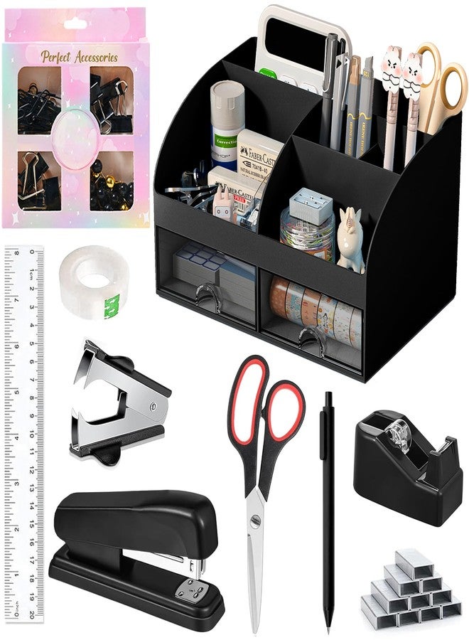 COMFYROOM Desk Accessories with Pen Holder, Office Supplies Desk Organizers and Accessories, Tape Dispenser, Stapler, Staple Remover, Staples, Clips Set, Ruler, Scissor, Pen, Tape (Black) - Image 1