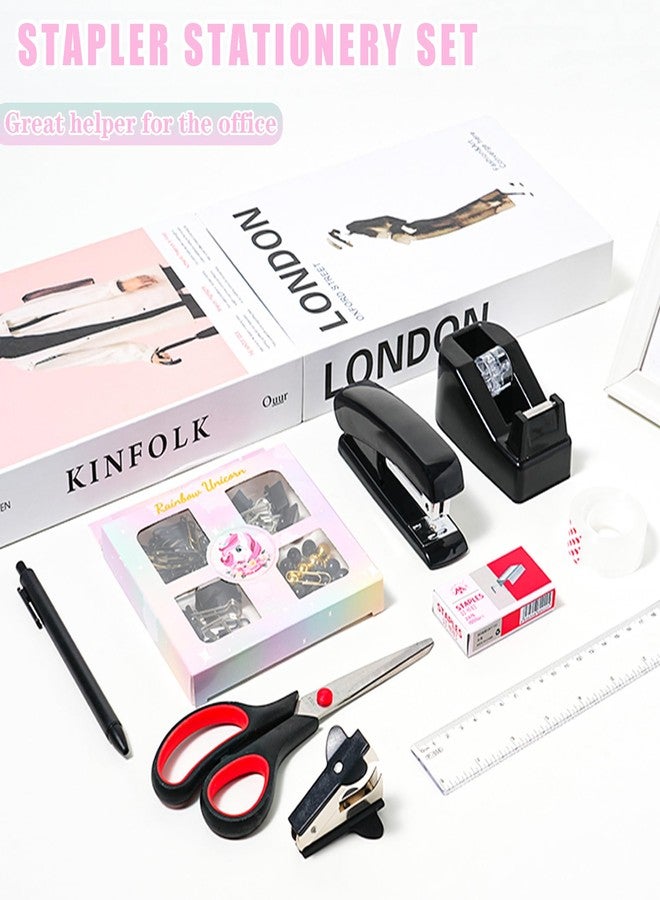 COMFYROOM Desk Accessories with Pen Holder, Office Supplies Desk Organizers and Accessories, Tape Dispenser, Stapler, Staple Remover, Staples, Clips Set, Ruler, Scissor, Pen, Tape (Black) - Image 2