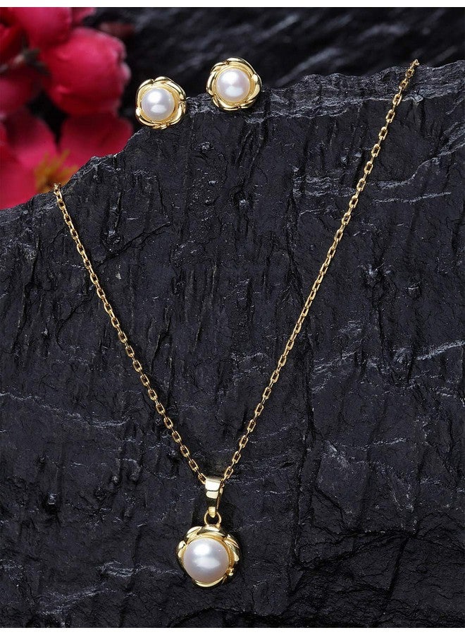 CLARA 925 Sterling Silver Real Pearl AKI Pendant Earring Chain Jewellery Set | Gold Rhodium Plated | Gift for Women & Girls - Image 2