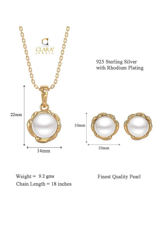 CLARA 925 Sterling Silver Real Pearl AKI Pendant Earring Chain Jewellery Set | Gold Rhodium Plated | Gift for Women & Girls - Image 5