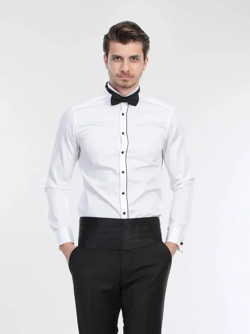 Kip White Plain Slim Fit Double Cuff Wing Collar Tuxedo Shirts