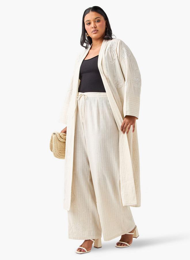 Ulla Popken Plus Size Ulla Popken Textured Wide Leg Pants with Drawstring Closure - Image 2