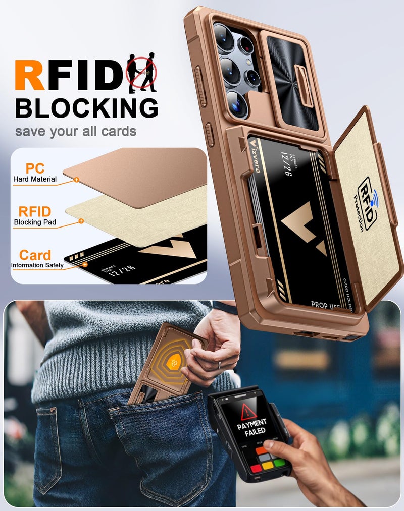 Vizvera حافظة فيزفيرا لهاتف سامسونج جالاكسي S25 ألترا محفظة RFID [حامل بطاقات][غطاء كاميرا][حواف مرتفعة] حافظة هاتف واقية صلبة مضادة للصدمات من السيليكون لجالاكسي S25 ألترا 6.9" 2025 (ذهب صحراوي) - Image 4