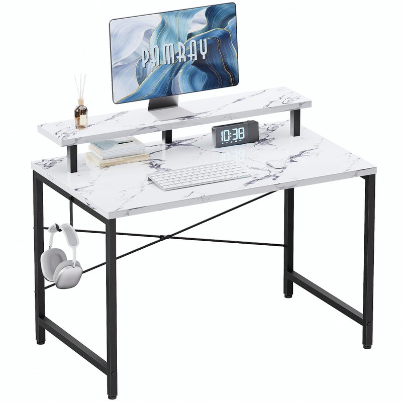 Pamray 32 Inch Small Computer Desk with Monitor Stand, Simple Office Desk with Headphone Hook for Small Spaces, Kids Study Writing Table for Bedroom, Marble - Image 1