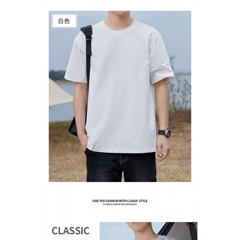 High-end 320g heavy combed cotton American round neck men's T-shirt men's and women's large version plus size summer trend bottoming shirt - Image 1