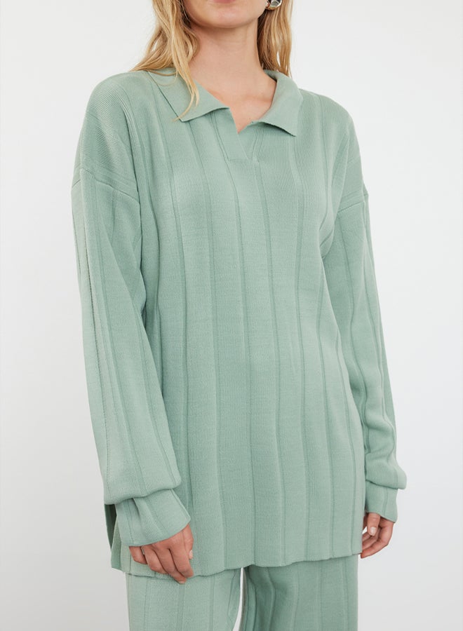 trendyol Polo Collar Mint Knitwear Set - Corded Knitted Bottom-Top Set - Image 3