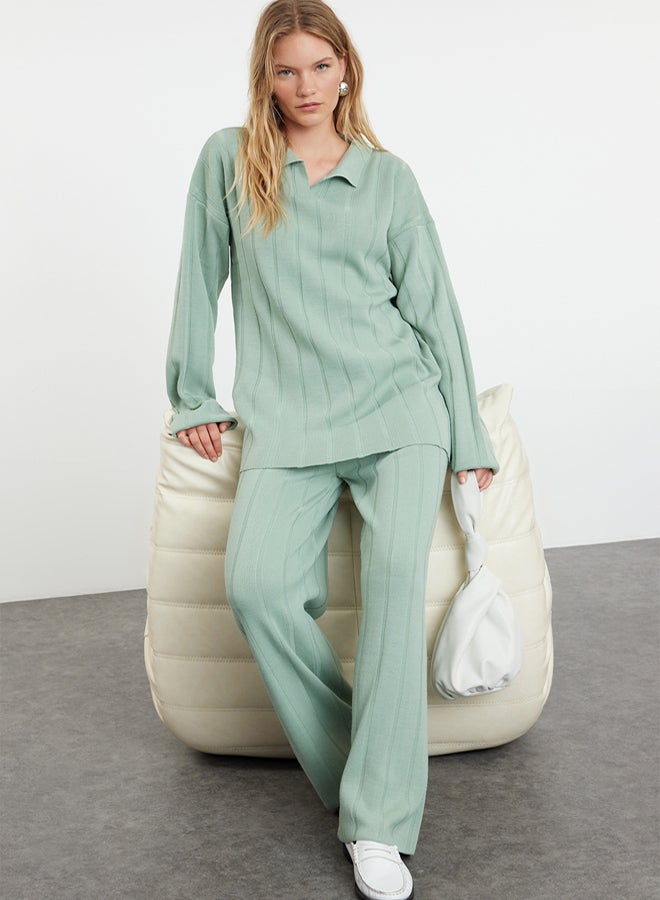 trendyol Polo Collar Mint Knitwear Set - Corded Knitted Bottom-Top Set - Image 1