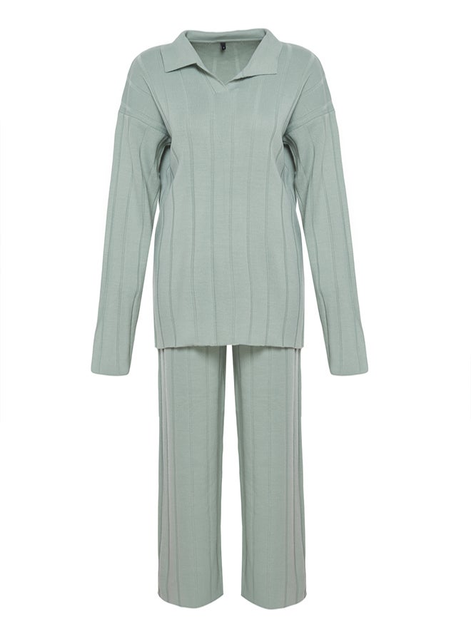 trendyol Polo Collar Mint Knitwear Set - Corded Knitted Bottom-Top Set - Image 5