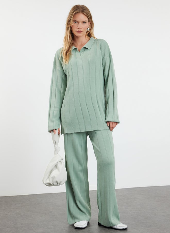 trendyol Polo Collar Mint Knitwear Set - Corded Knitted Bottom-Top Set - Image 2