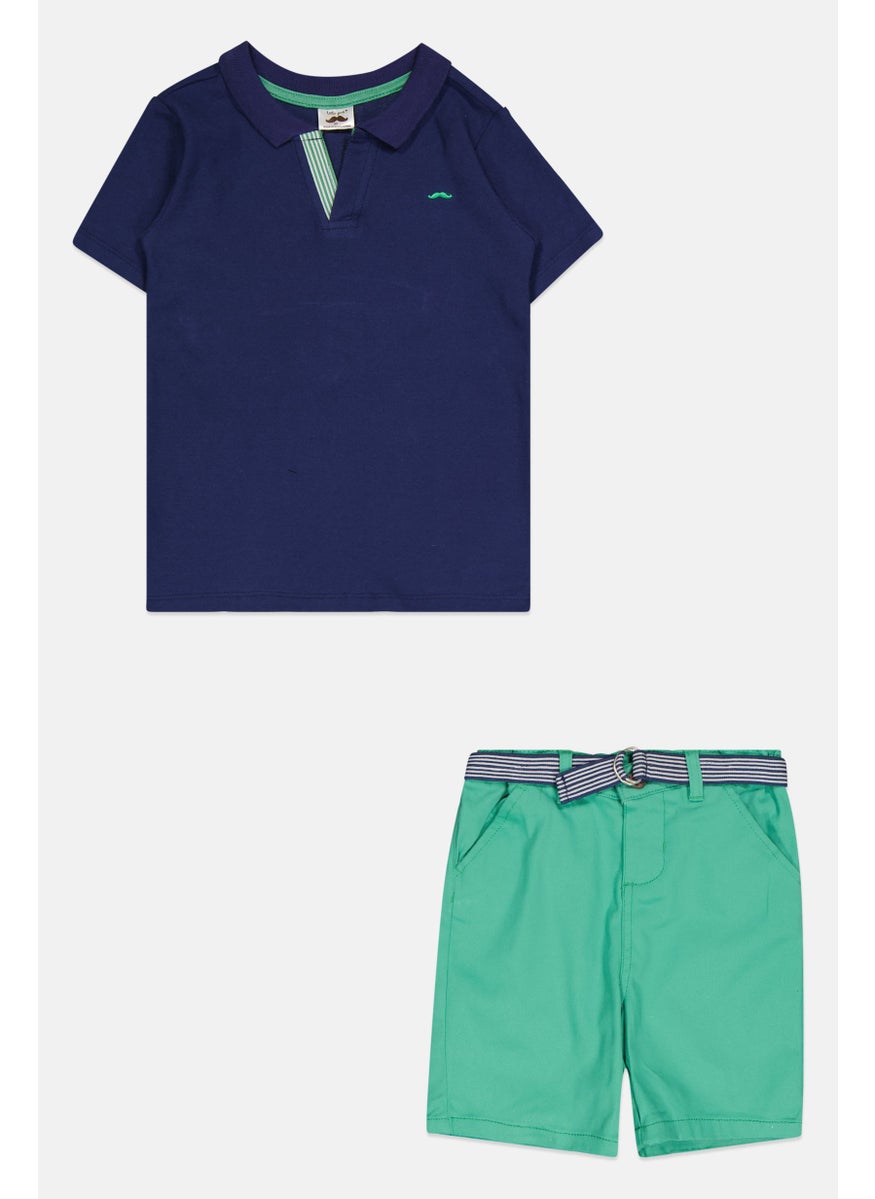 Little Gent Kids Boy 2Pcs Short Polo Shirt And Short Set, Navy/Green  - Image 1