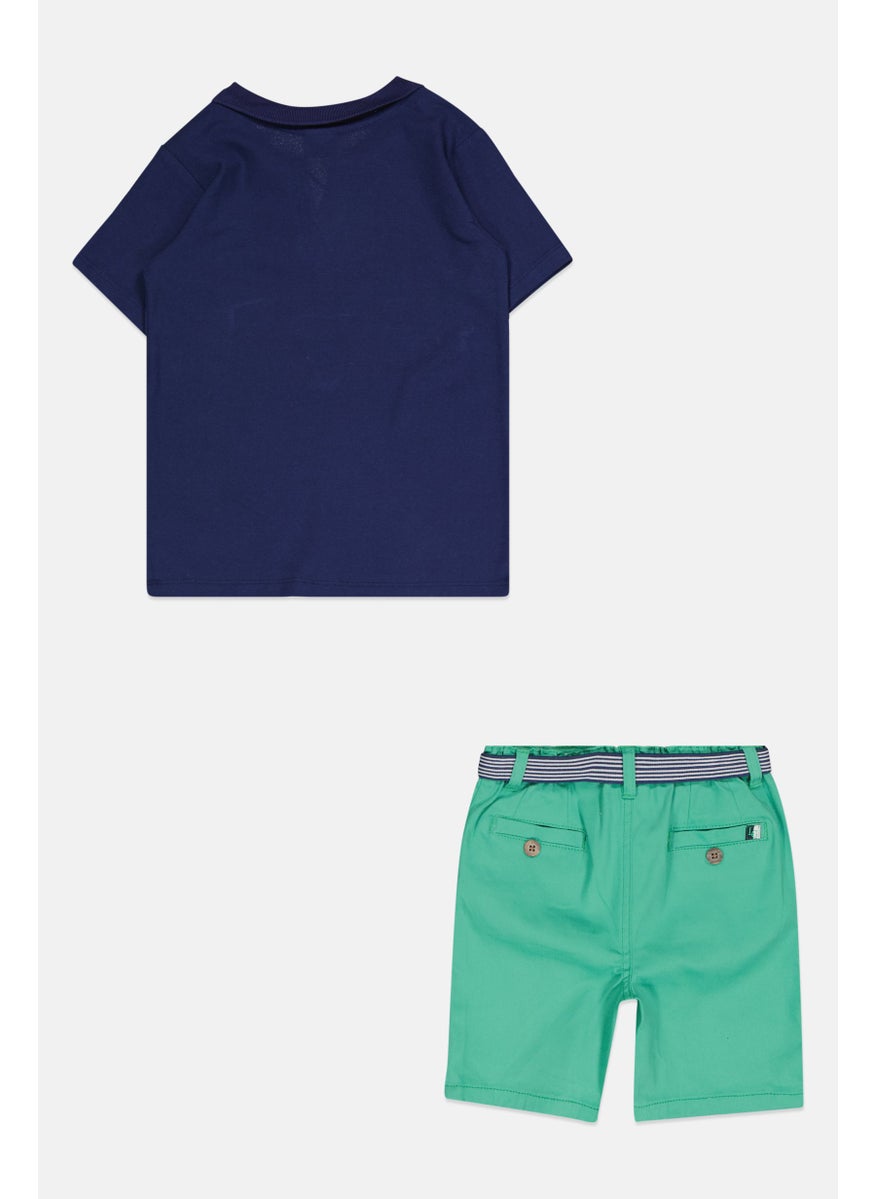Little Gent Kids Boy 2Pcs Short Polo Shirt And Short Set, Navy/Green  - Image 2