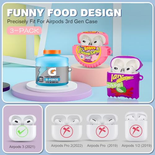 FGERWZ Cute Case for Airpods 3 Case 3-Pack, 3D Cartoon Kawaii Silicone Case for Airpods 3rd Generation Case Funny Food Design with Cleaner Kit/Keychain/Lanyard (Sport Water+Purple Potato+Bubble Gum) - Image 2