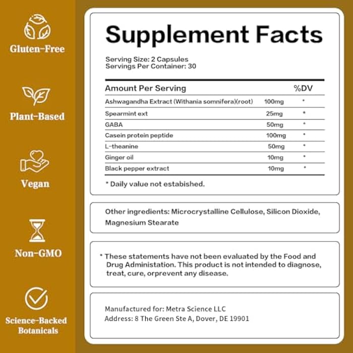 Herbal Mood & Sleep Support - Contains Ashwagandha, Spearmint Ext, GABA, Casein Protein Peptide, L-Theanine, Ginger Oil, Black Pepper Extract - Non-GMO, Soy-Free & Gluten-Free, 60 Capsules - Image 2
