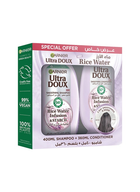 Ultra Doux Rice Water and Starch Infusion Shampoo, 400 ml + conditioner 360 ml for Smooth and Shiny Hair