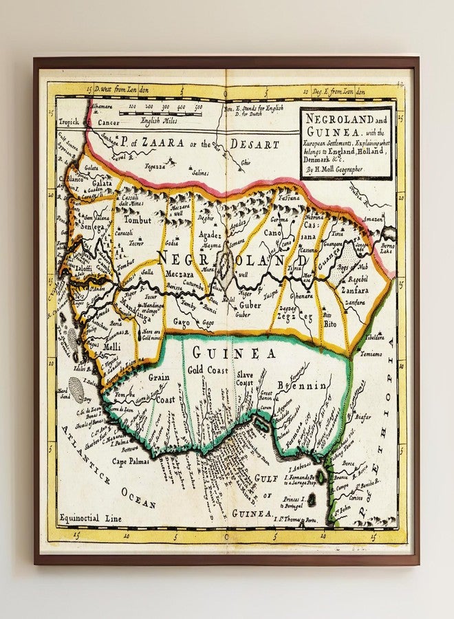 ArtCantHurtU 1736 Map of Negroland and Guinea, with the European settlements, explaining what belongs to England, Holland, Denmark. West African American Slave Trade History Unframed 23x30 in. - Image 1