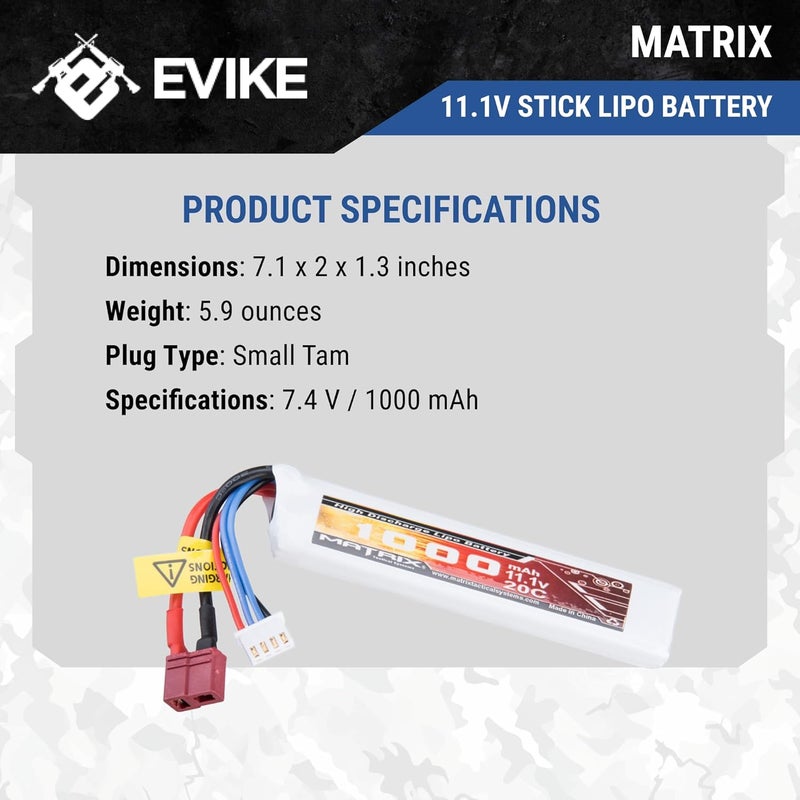 Evike Airsoft - Matrix High Performance 7.4V Stick Type Airsoft LiPo Battery (Model: 1000mAh / 15C / Small Tam & Long Wire) - Image 5