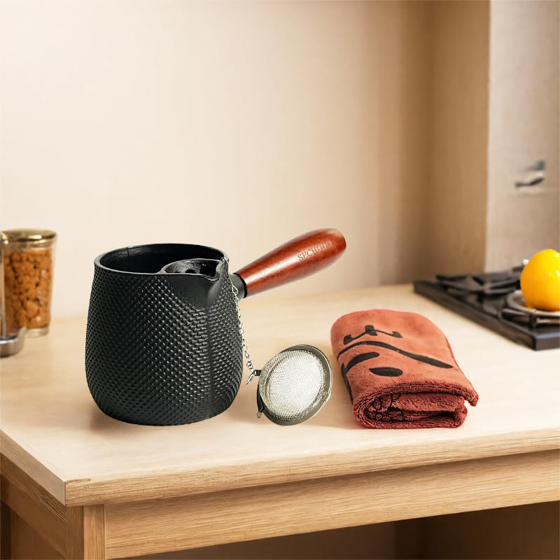 SECHUDO Small Cast Iron Teapot, Japanese Style Tea Kettle without Lid, 20.3oz Tea Pot with Stainless Steel Tea Ball for Loose Tea, Wooden Side-handle Tea Set for Stovetop Safe(600ml) - Image 2