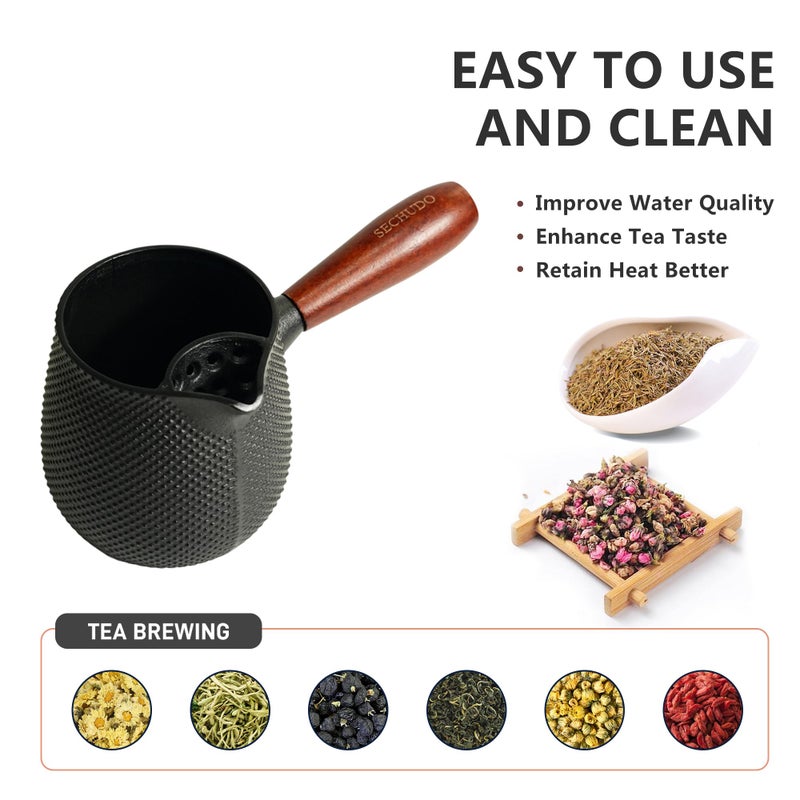SECHUDO Small Cast Iron Teapot, Japanese Style Tea Kettle without Lid, 20.3oz Tea Pot with Stainless Steel Tea Ball for Loose Tea, Wooden Side-handle Tea Set for Stovetop Safe(600ml) - Image 4