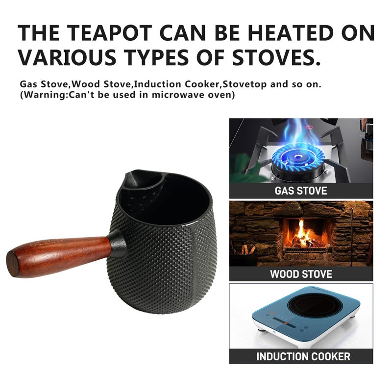 SECHUDO Small Cast Iron Teapot, Japanese Style Tea Kettle without Lid, 20.3oz Tea Pot with Stainless Steel Tea Ball for Loose Tea, Wooden Side-handle Tea Set for Stovetop Safe(600ml) - Image 5