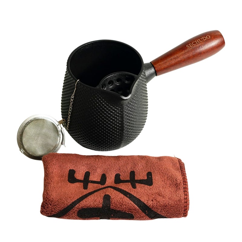 SECHUDO Small Cast Iron Teapot, Japanese Style Tea Kettle without Lid, 20.3oz Tea Pot with Stainless Steel Tea Ball for Loose Tea, Wooden Side-handle Tea Set for Stovetop Safe(600ml) - Image 1