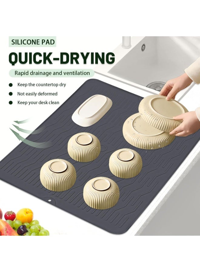 لاكام Silicone Dish Drying Mat, Large Non-Slip Kitchen Mats, Heat-Resistant Counter Protector for Sink, Countertop & Refrigerator, Multi-Purpose Drying Pad & Drawer Liner (47x38cm,Grey) - Image 2