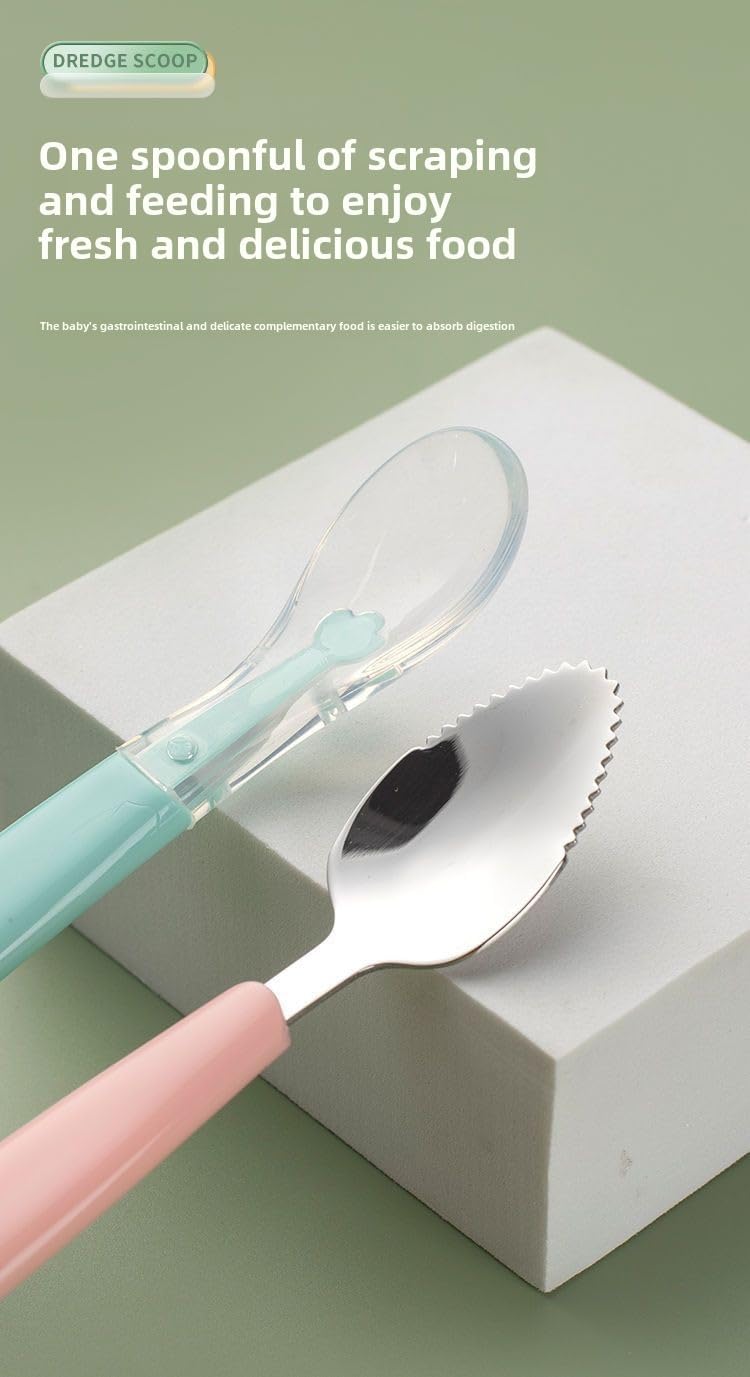Greemito 2 in 1 Double-Headed Baby Spoon - Stainless Steel Fruit Scraper with Silicone Spoon for Baby Feeding - Image 2