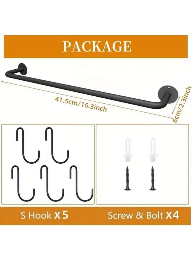 منظم أدوات المطبخ الأسود الحائطي بخمسة خطافات من الحديد الزهر، سكة تخزين مقاومة للصدأ - Image 4