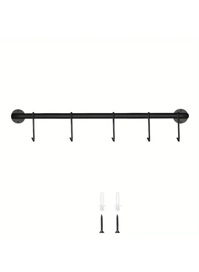 منظم أدوات المطبخ الأسود الحائطي بخمسة خطافات من الحديد الزهر، سكة تخزين مقاومة للصدأ - Image 1