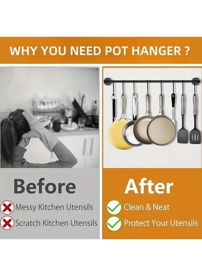 منظم أدوات المطبخ الأسود الحائطي بخمسة خطافات من الحديد الزهر، سكة تخزين مقاومة للصدأ - Image 5