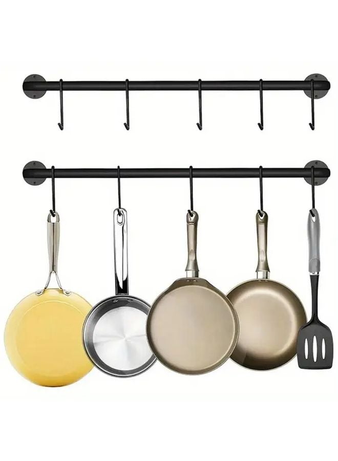 منظم أدوات المطبخ الأسود الحائطي بخمسة خطافات من الحديد الزهر، سكة تخزين مقاومة للصدأ - Image 2