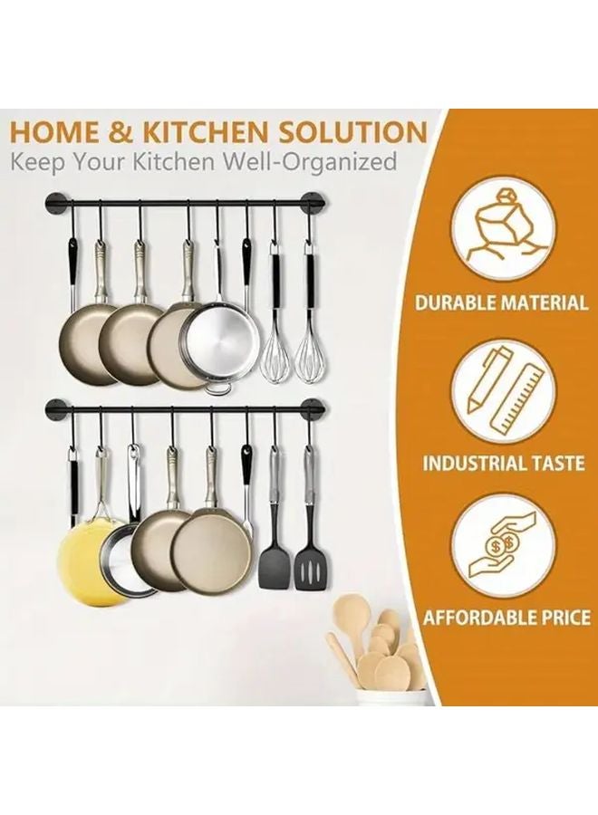 منظم أدوات المطبخ الأسود الحائطي بخمسة خطافات من الحديد الزهر، سكة تخزين مقاومة للصدأ - Image 3