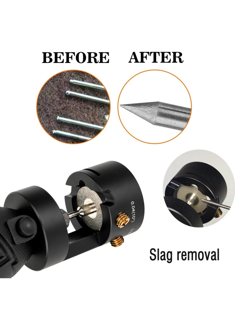 SYOSI Aluminum Tungsten Electrode Sharpener Grinder for TIG Welding - Single Column Open Design with Cut-Off Slot, Multi-Angle & Offsets, Horizontal Hole, 4 Screw Holes, 2 CNC Mandrels, and 5 x 25mm Wheels - Image 4