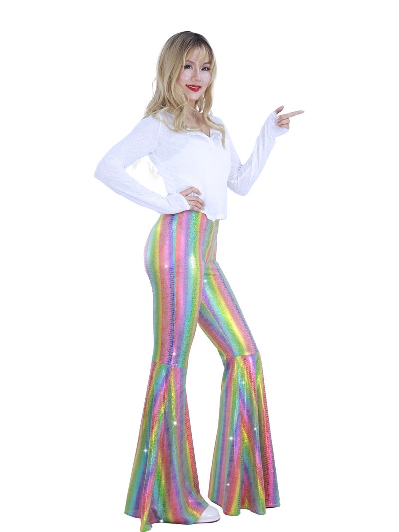 Nawgut Womens Sequin Flare Pant Sparkly High Waisted Leg Bell Bottom Glitter Trousers Night Out Clubwear-Large - Image 4