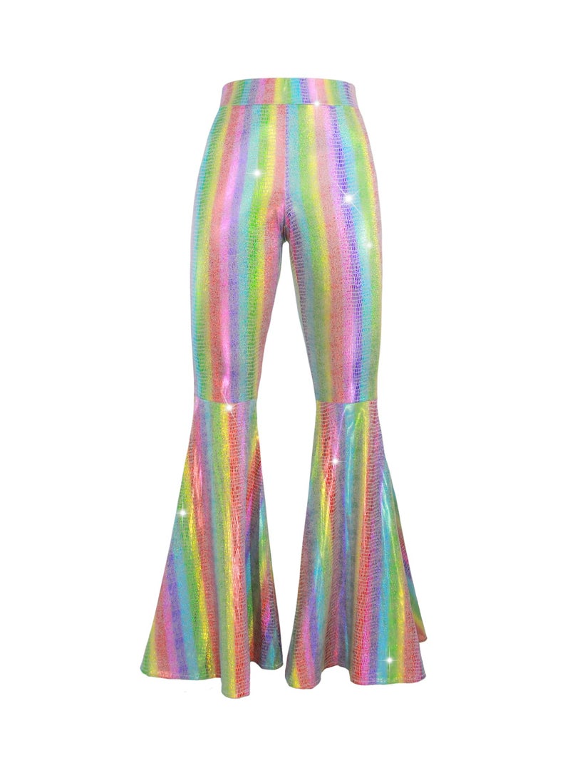 Nawgut Womens Sequin Flare Pant Sparkly High Waisted Leg Bell Bottom Glitter Trousers Night Out Clubwear-Large - Image 3