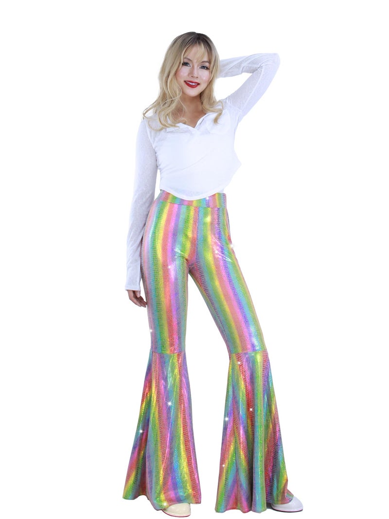 Nawgut Womens Sequin Flare Pant Sparkly High Waisted Leg Bell Bottom Glitter Trousers Night Out Clubwear-Large - Image 2
