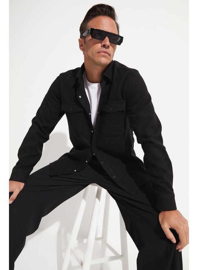 جون قميص رجالي بأزرار كبس لون أسود مقاس عادي - Image 1