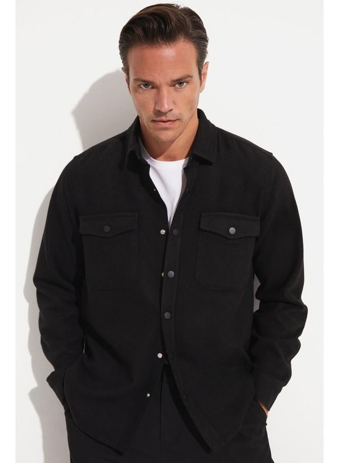 جون قميص رجالي بأزرار كبس لون أسود مقاس عادي - Image 4