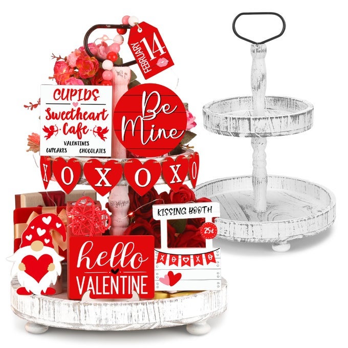 14 SET VALENTINES DAY TIERED TRAY DECOR WITH TRAY LOVE HEART WOOD SIGN GNOME RUSTIC FARMHOUSE WOODEN DECOR SIGNS FOR ROMANTIC VALENTINES DAY TABLE HOLIDAY